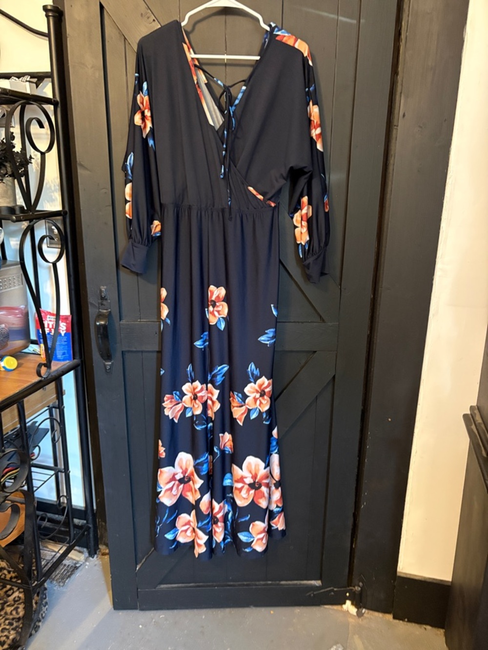 VENUS Navy Floral Wrap Maxi Dress with Coral & Blue Blooms - Picture 3 of 3